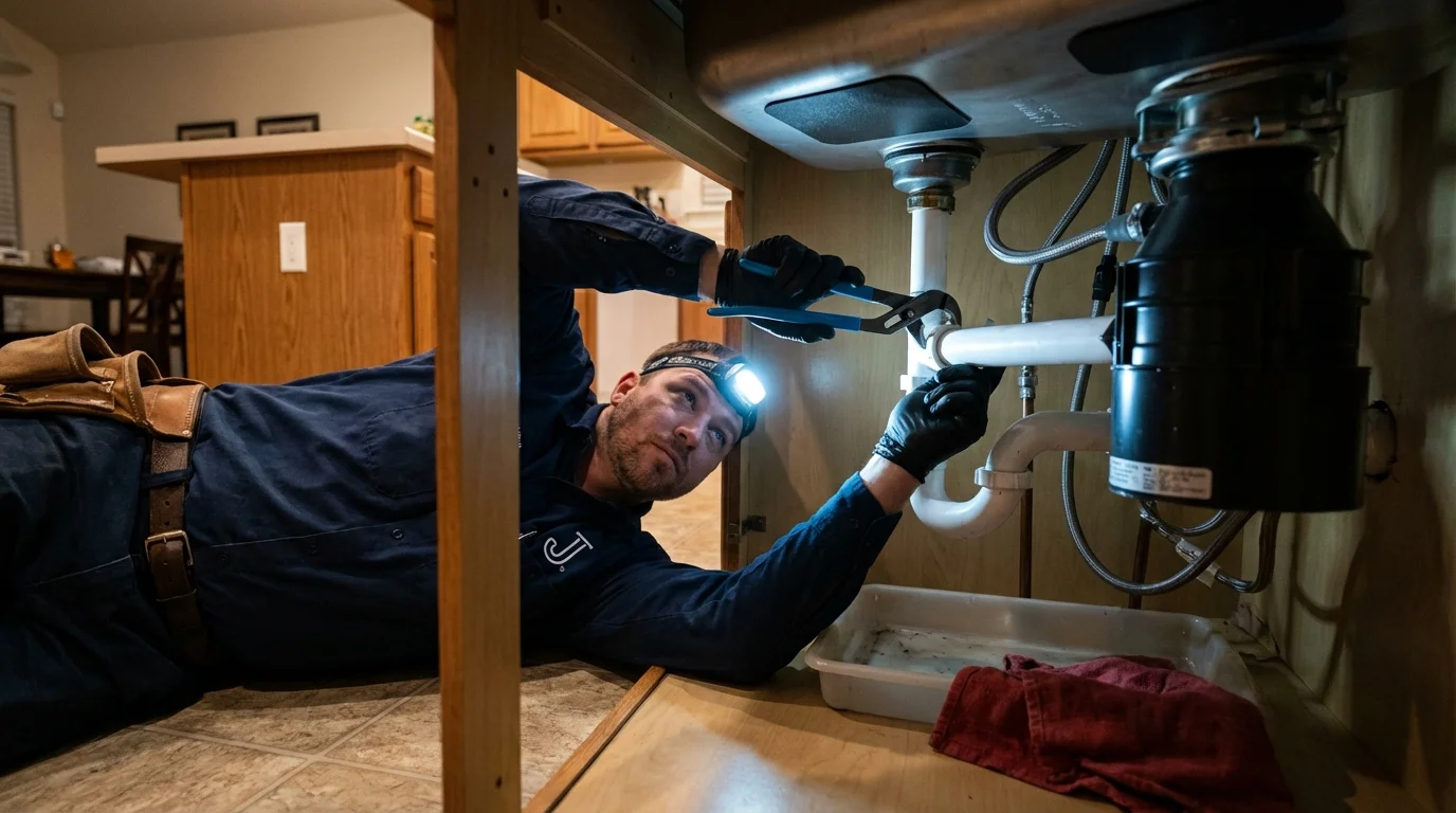 P-trap and supply line connections under a kitchen sink showing a common leak point in Lincoln, CA